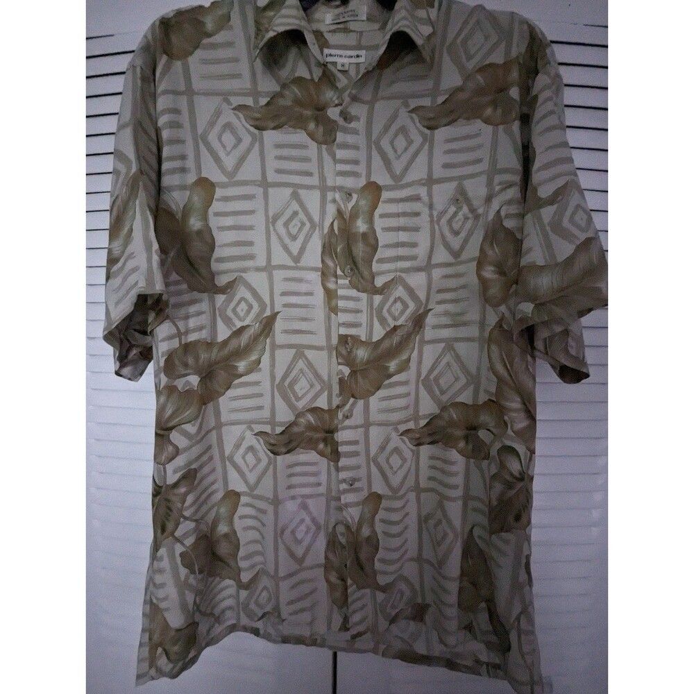 Pierre Cardin Khaki Cream Hawaiian Shirt Size M Rayon Beachy Coastal*Flaws* - Picture 2 of 7